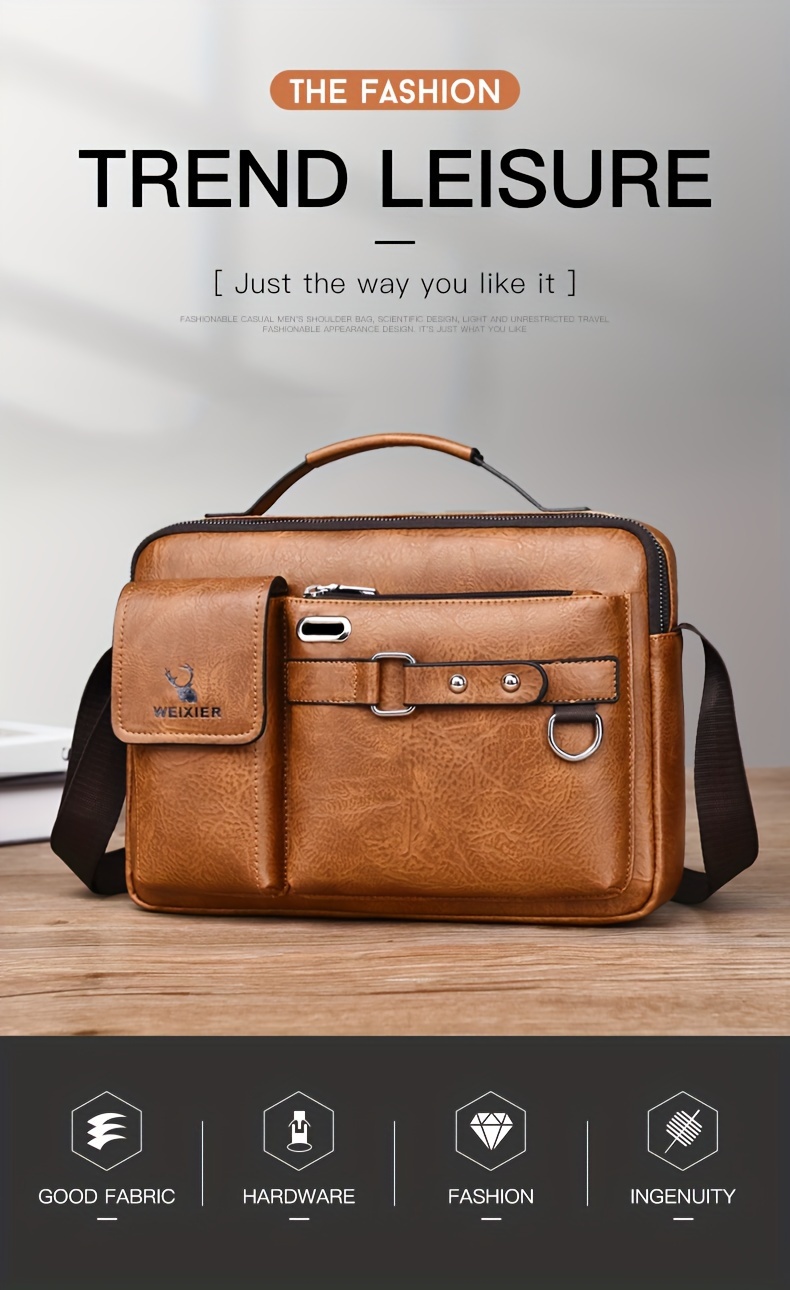 mens business adjustable casual pu leather shoulder messenger bag details 0