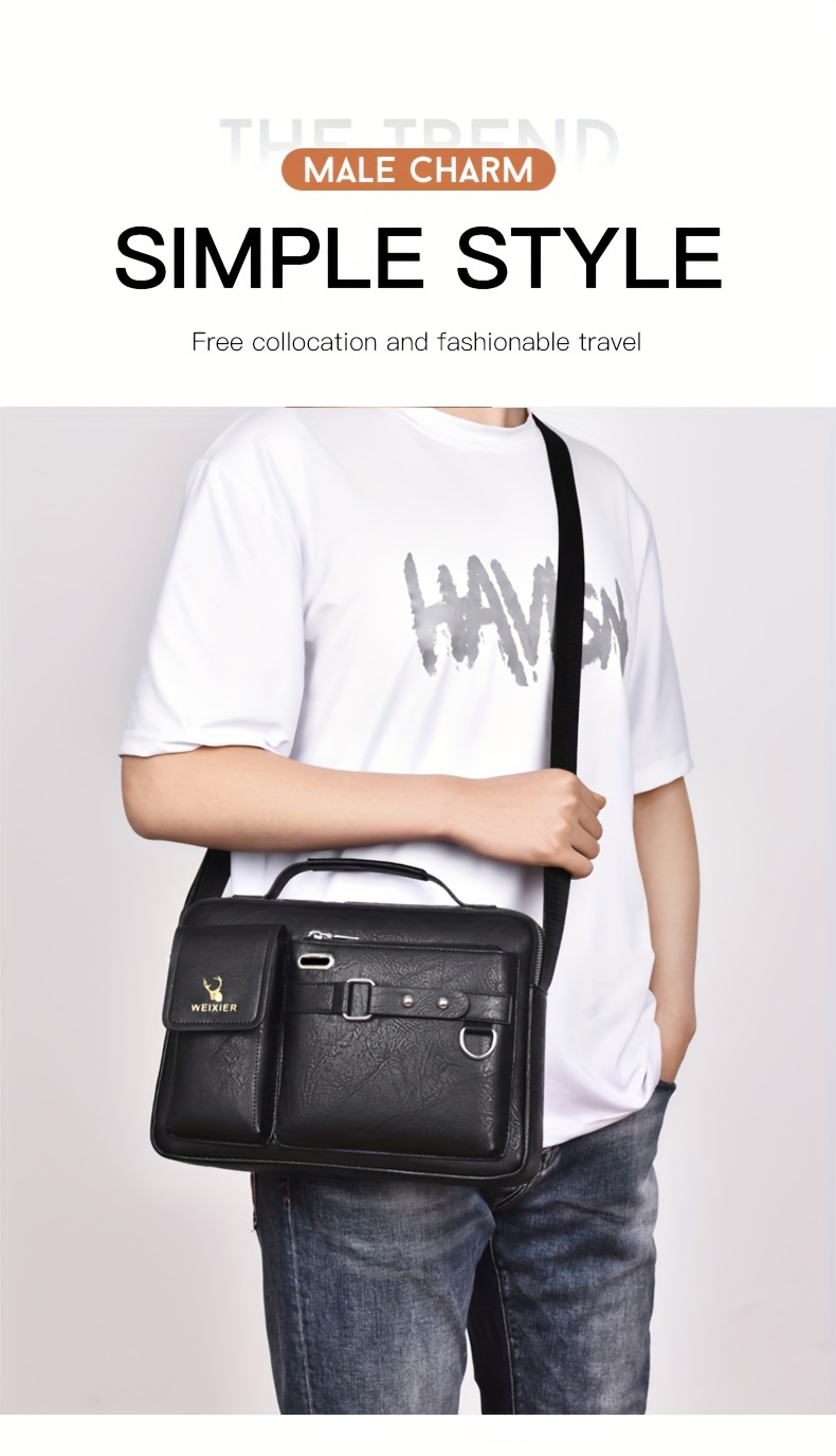 mens business adjustable casual pu leather shoulder messenger bag details 1