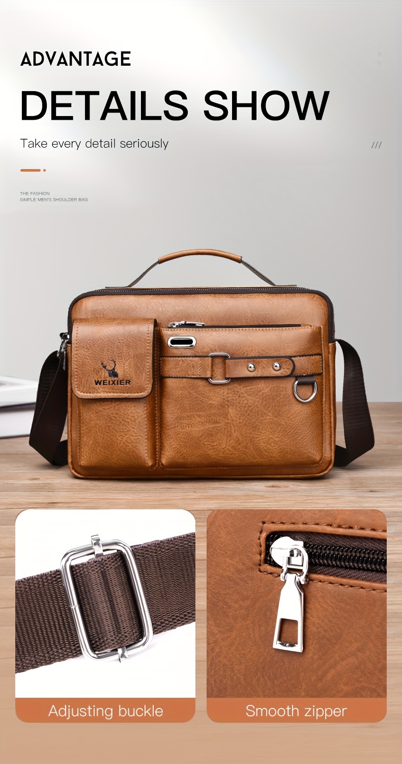 mens business adjustable casual pu leather shoulder messenger bag details 6