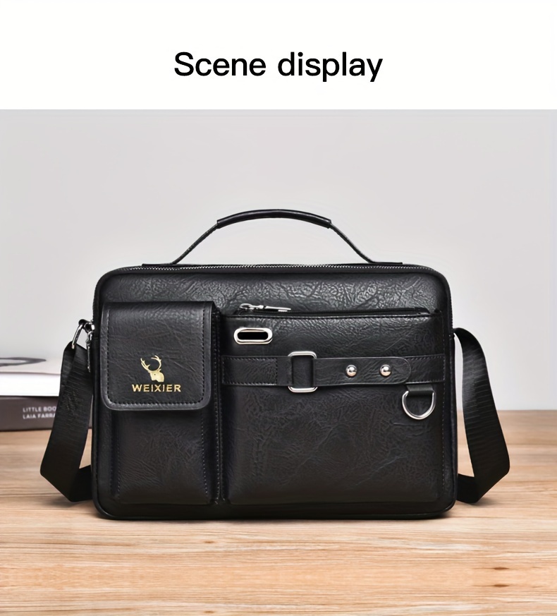 mens business adjustable casual pu leather shoulder messenger bag details 8