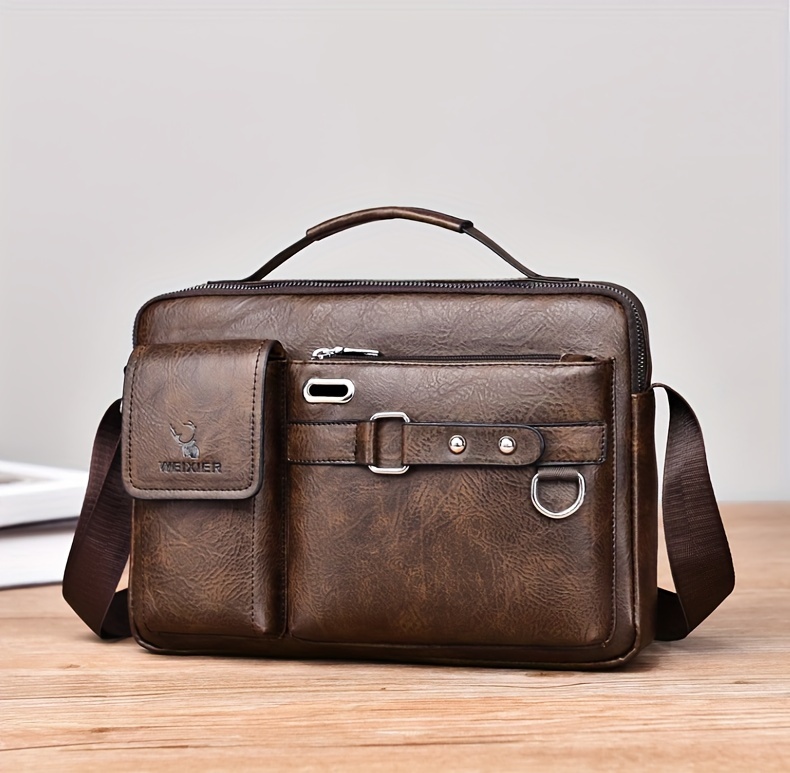 mens business adjustable casual pu leather shoulder messenger bag details 9