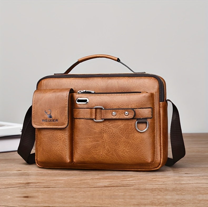 mens business adjustable casual pu leather shoulder messenger bag details 10