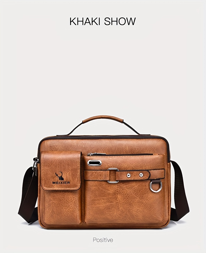mens business adjustable casual pu leather shoulder messenger bag details 14