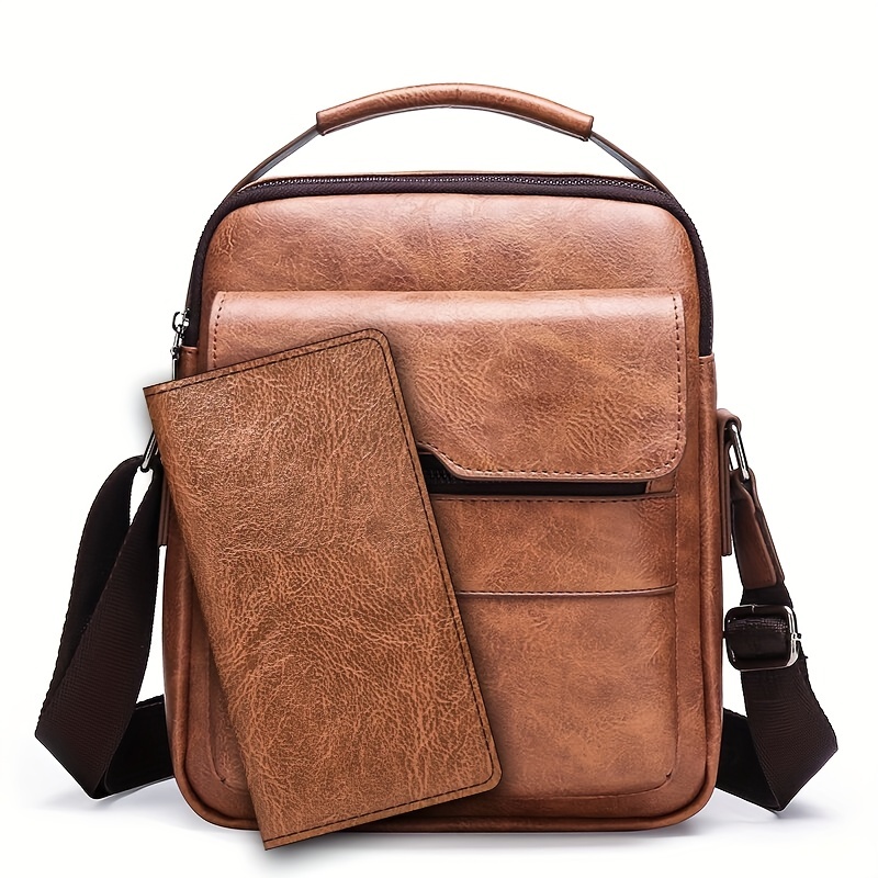 1 2pcs set classic mens crossbody bag pu leather large capacity bag details 7