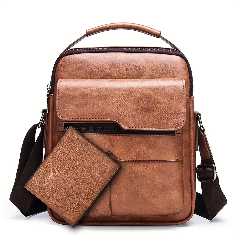 1 2pcs set classic mens crossbody bag pu leather large capacity bag details 8