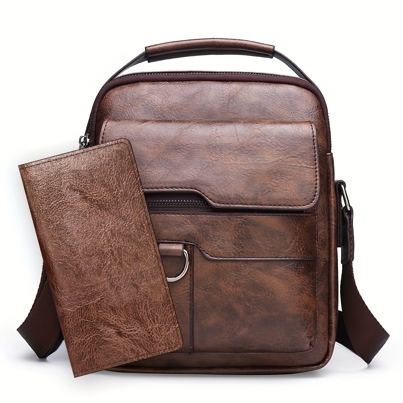1 2pcs set classic mens crossbody bag pu leather large capacity bag details 9