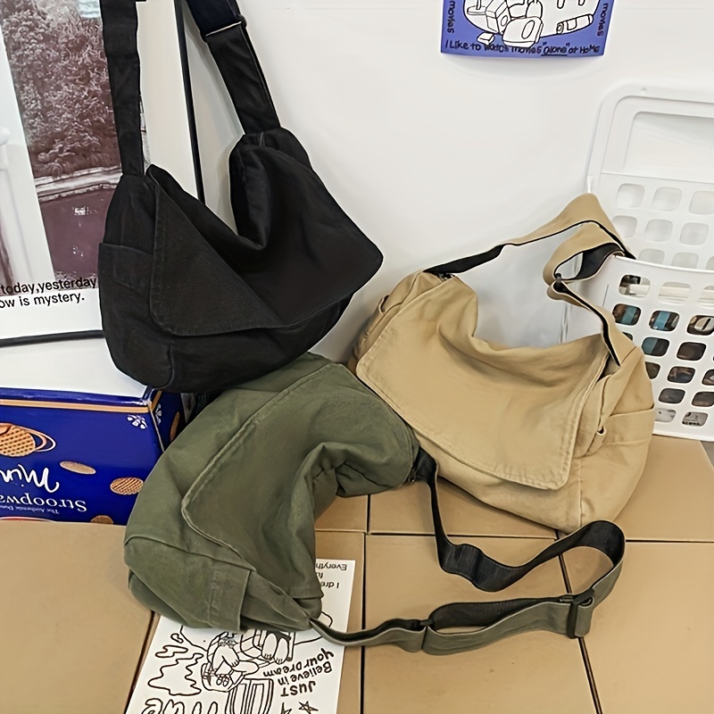mens simple canvas messenger bag large capacity crossbody bag trendy student flap shoulder bag details 4