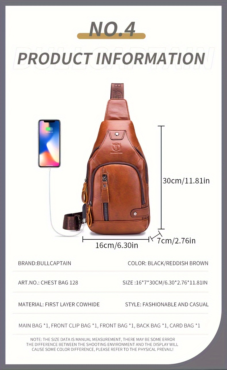 mens chest front bag trendy genuine leather multifunctional shoulder messenger bag outdoor casual large capacity satchel bag details 4