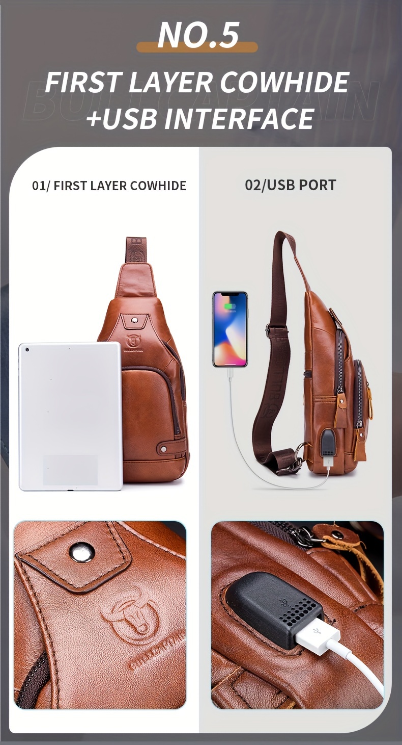 mens chest front bag trendy genuine leather multifunctional shoulder messenger bag outdoor casual large capacity satchel bag details 5