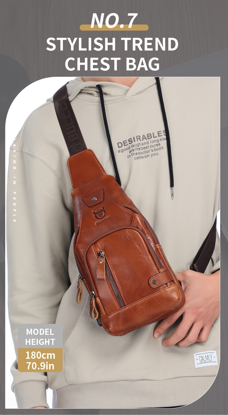 mens chest front bag trendy genuine leather multifunctional shoulder messenger bag outdoor casual large capacity satchel bag details 7