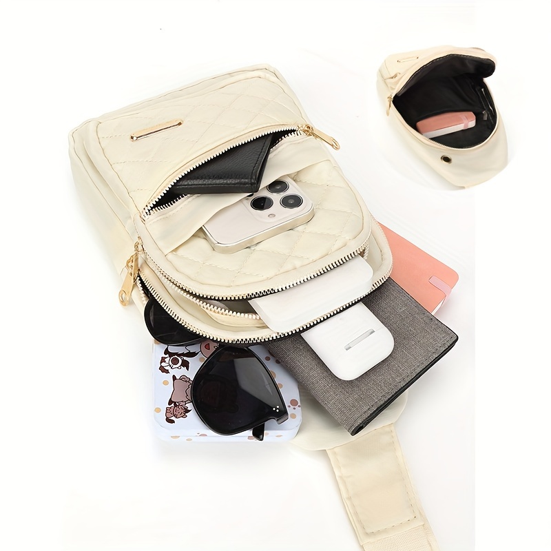 1pc mens argyle quilted chest backpack casual nylon chest bag outdoor travel crossbody bag with earphone hole details 2