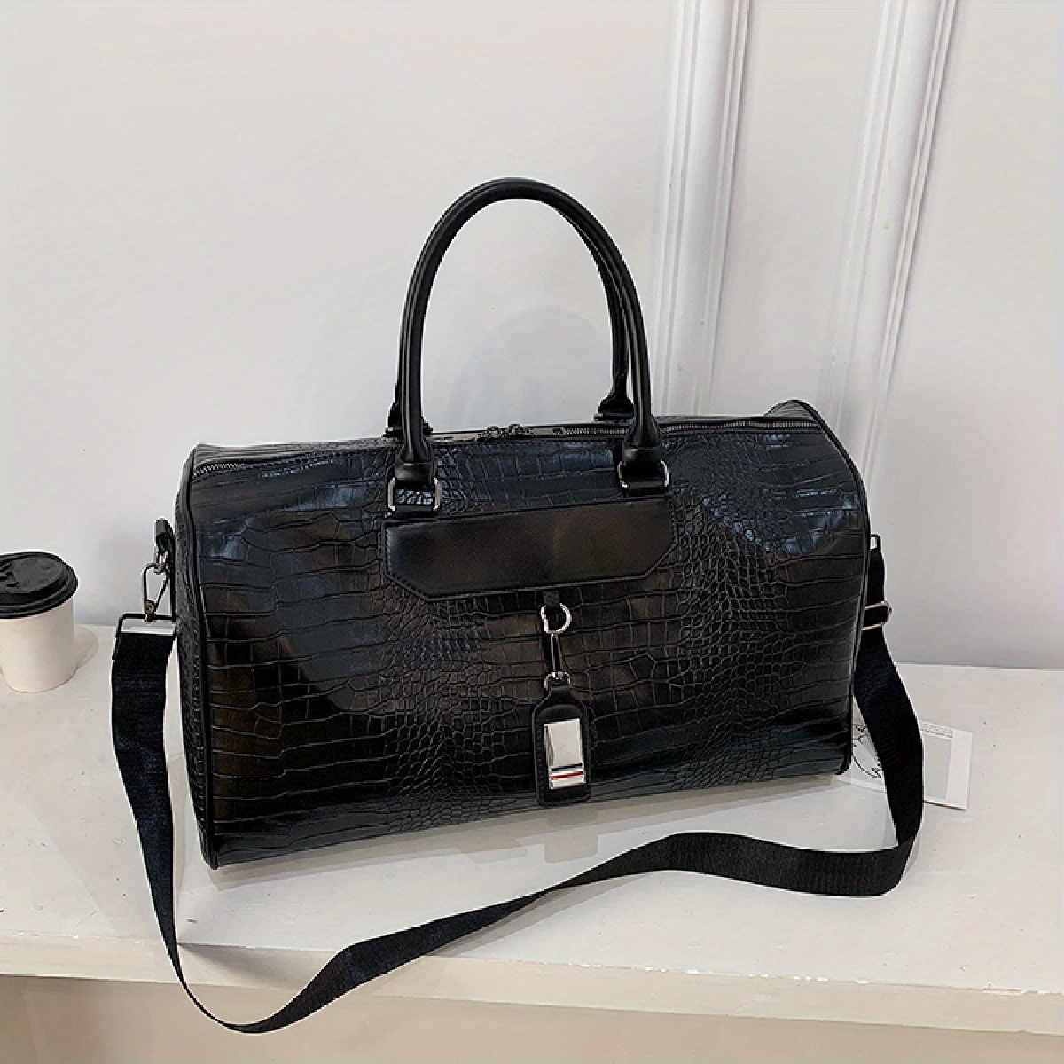 fashion black travel bag large handbag pu tote bag fitness bag handbag waterproof short distance vacation sports bag female yoga exercise training bag details 8