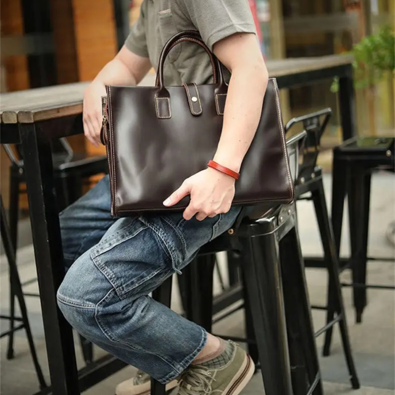 1pc Top Layer Cowhide Men s Handbag, Leather Business Shoulder Bag, Business Trip Tote Bag details 8