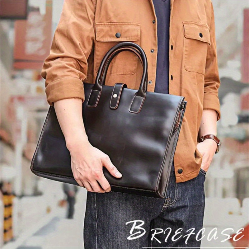 1pc Top Layer Cowhide Men s Handbag, Leather Business Shoulder Bag, Business Trip Tote Bag details 9