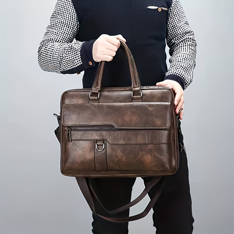 vintage pu leather business briefcase messenger bag handbag for men travel work computer bag crossbody shoulder pack details 1
