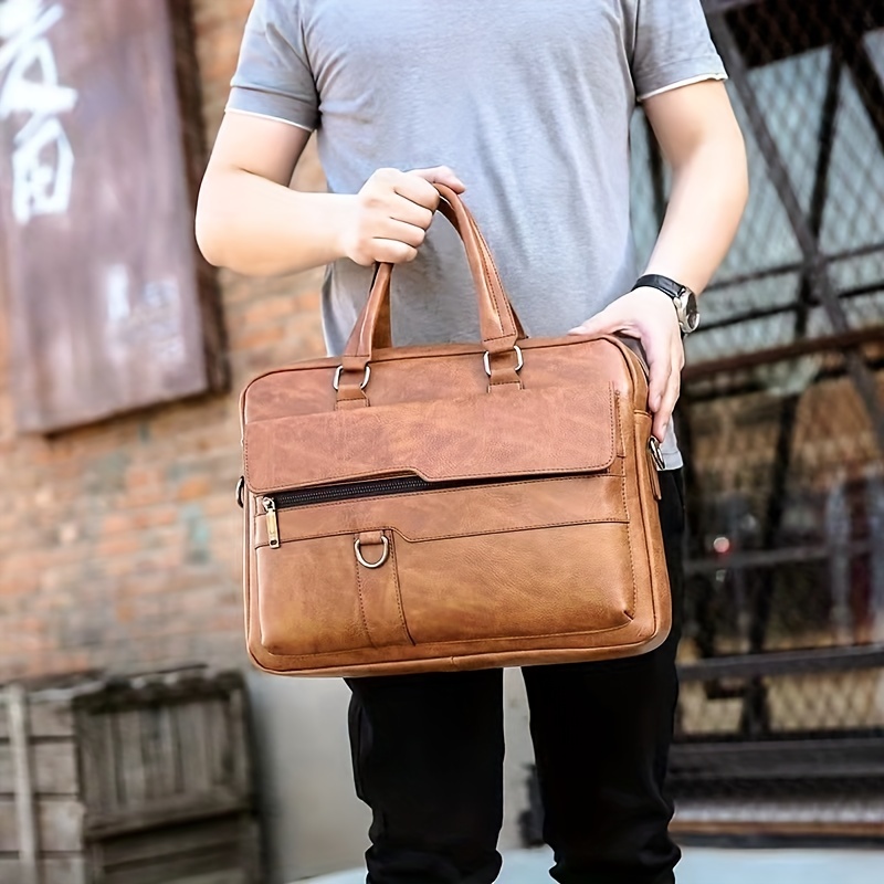 vintage pu leather business briefcase messenger bag handbag for men travel work computer bag crossbody shoulder pack details 2