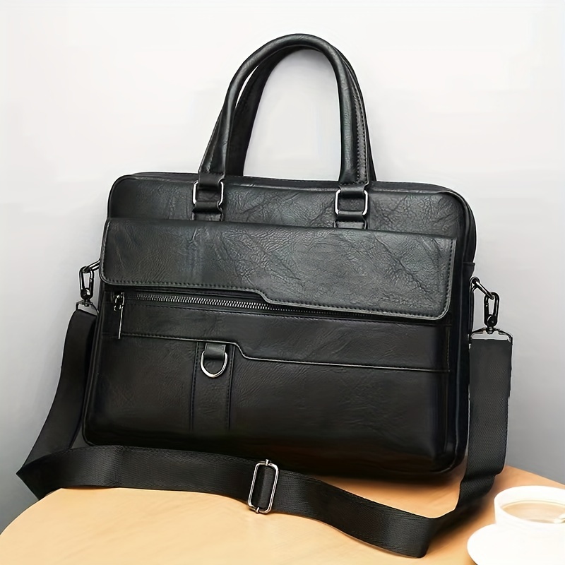 vintage pu leather business briefcase messenger bag handbag for men travel work computer bag crossbody shoulder pack details 3