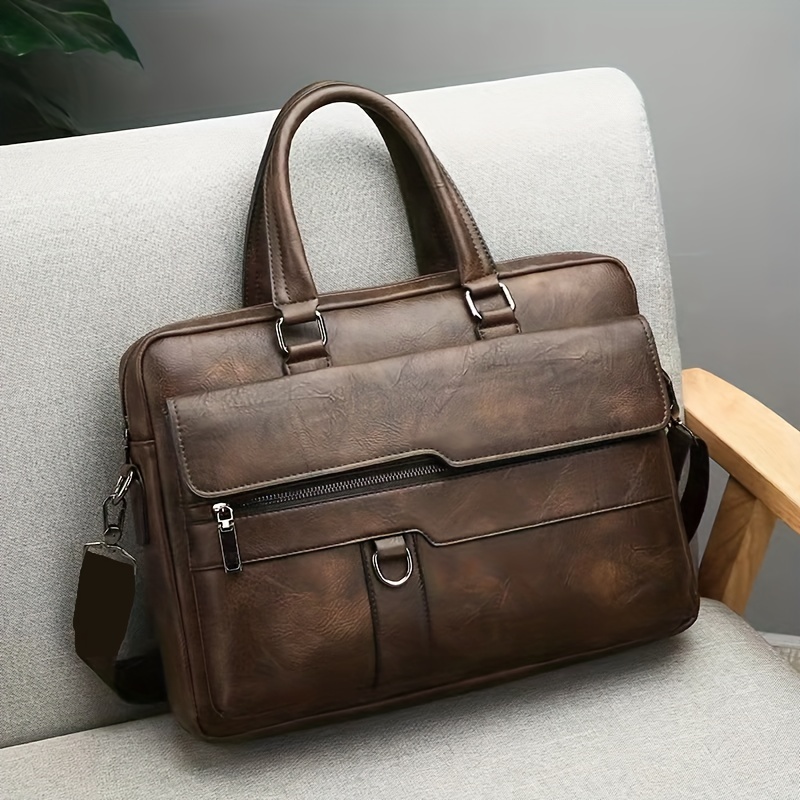 vintage pu leather business briefcase messenger bag handbag for men travel work computer bag crossbody shoulder pack details 4