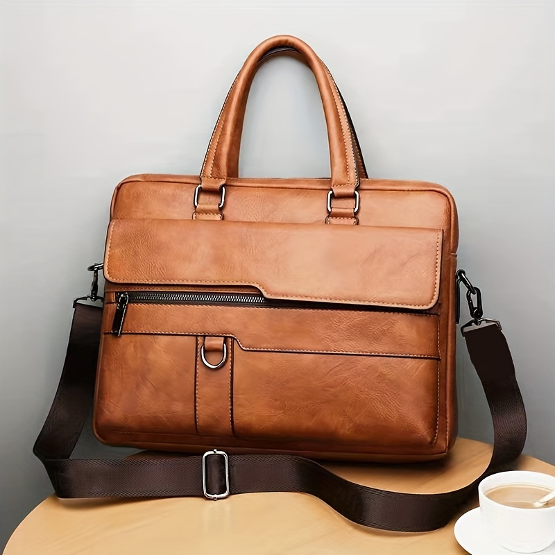 vintage pu leather business briefcase messenger bag handbag for men travel work computer bag crossbody shoulder pack details 5