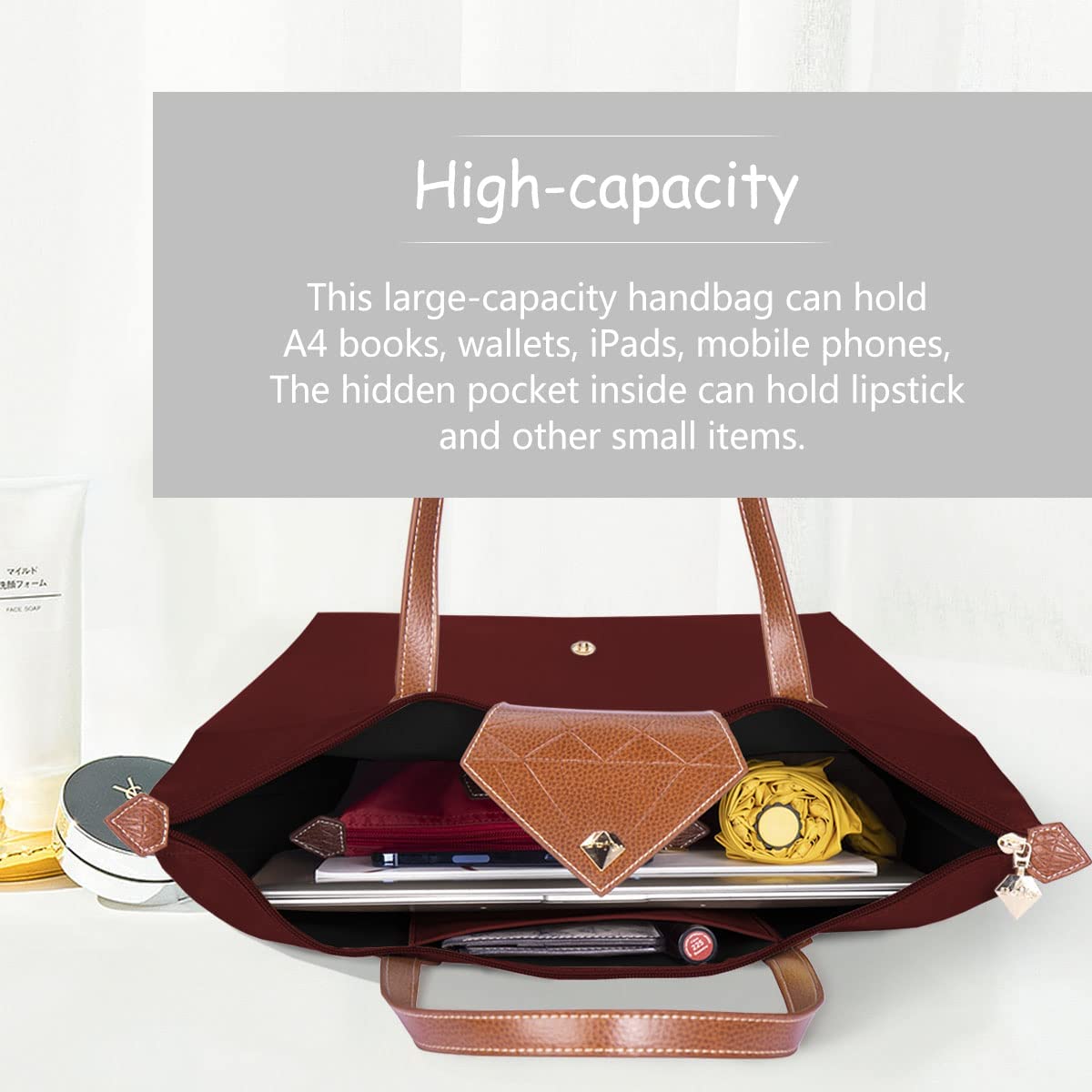 large capacity tote bag, 1pc large capacity tote bag for men and women fashion waterproof nylon shoulder bag handbag foldable bag for beach travel work shopping school 45cm 17 7in details 0