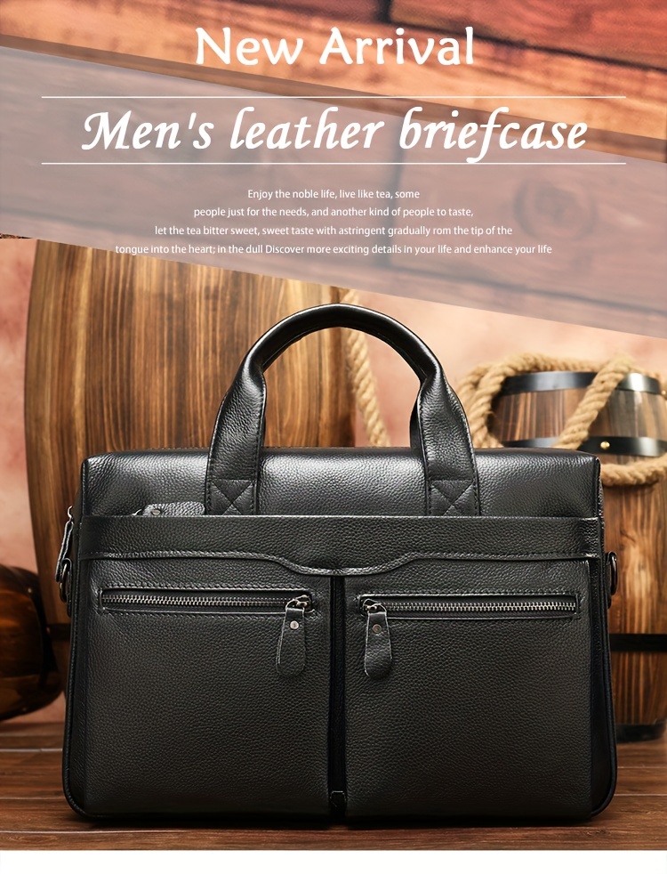 computer bag, stylish genuine leather briefcase shoulder bag for men top layer cowhide leather tote bag for business and travel work computer bag details 0