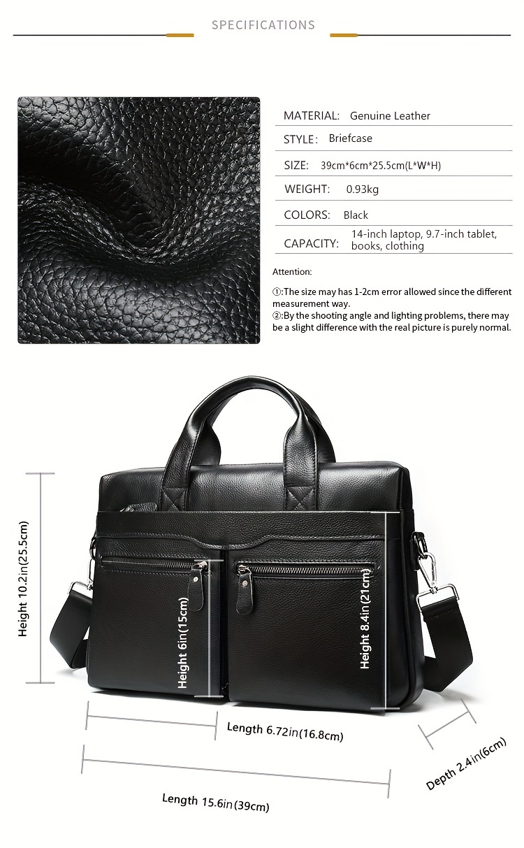computer bag, stylish genuine leather briefcase shoulder bag for men top layer cowhide leather tote bag for business and travel work computer bag details 1
