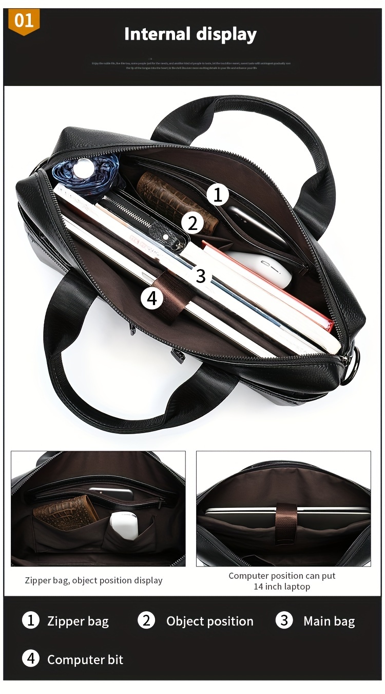 computer bag, stylish genuine leather briefcase shoulder bag for men top layer cowhide leather tote bag for business and travel work computer bag details 3