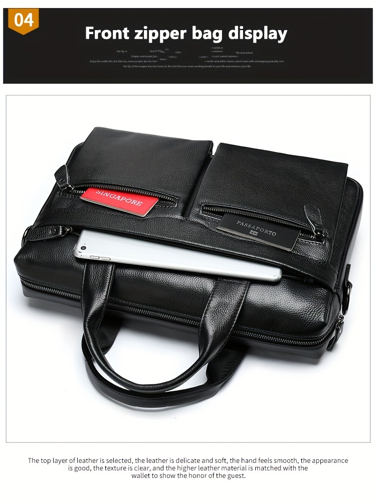 computer bag, stylish genuine leather briefcase shoulder bag for men top layer cowhide leather tote bag for business and travel work computer bag details 5
