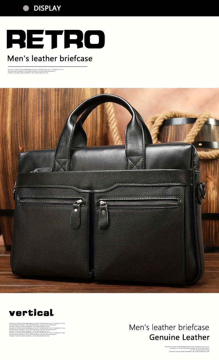 computer bag, stylish genuine leather briefcase shoulder bag for men top layer cowhide leather tote bag for business and travel work computer bag details 6