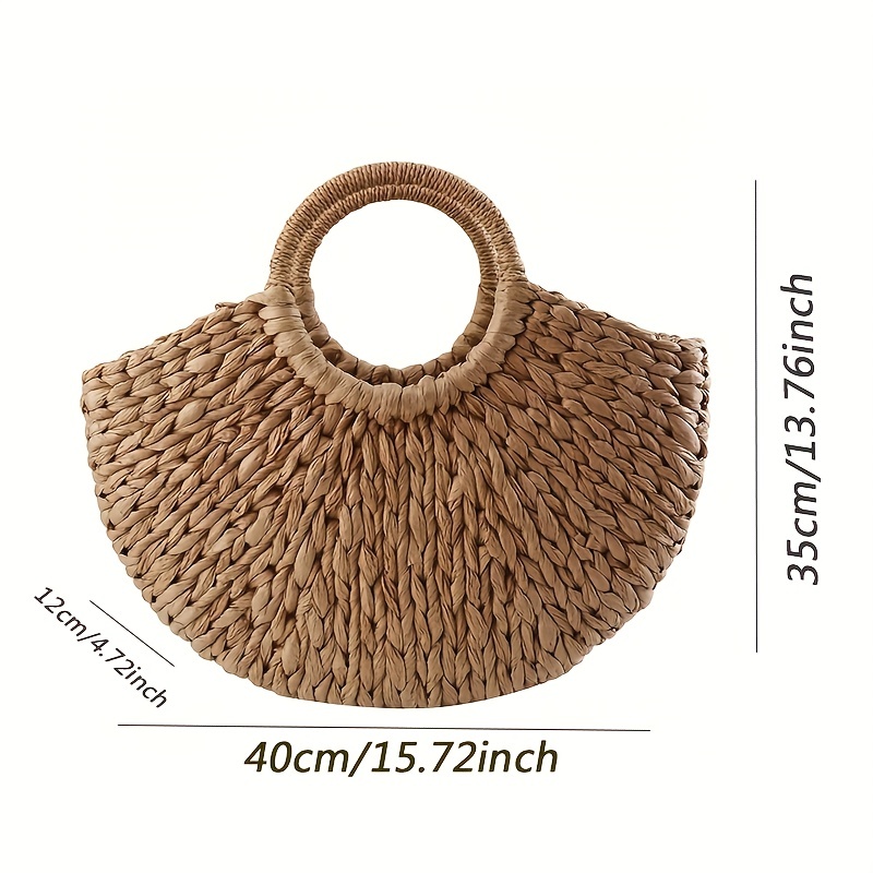 casual semicircle straw woven handbag handmade rattan woven basket details 0