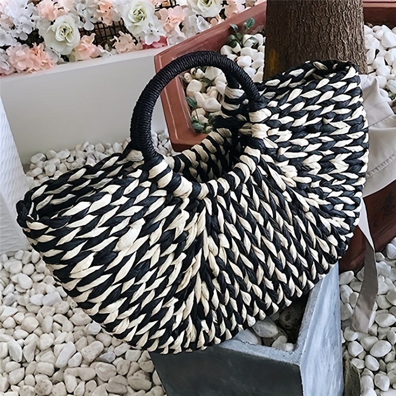 casual semicircle straw woven handbag handmade rattan woven basket details 2