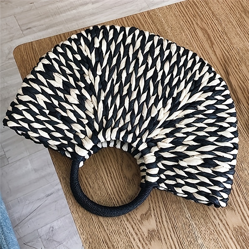 casual semicircle straw woven handbag handmade rattan woven basket details 3