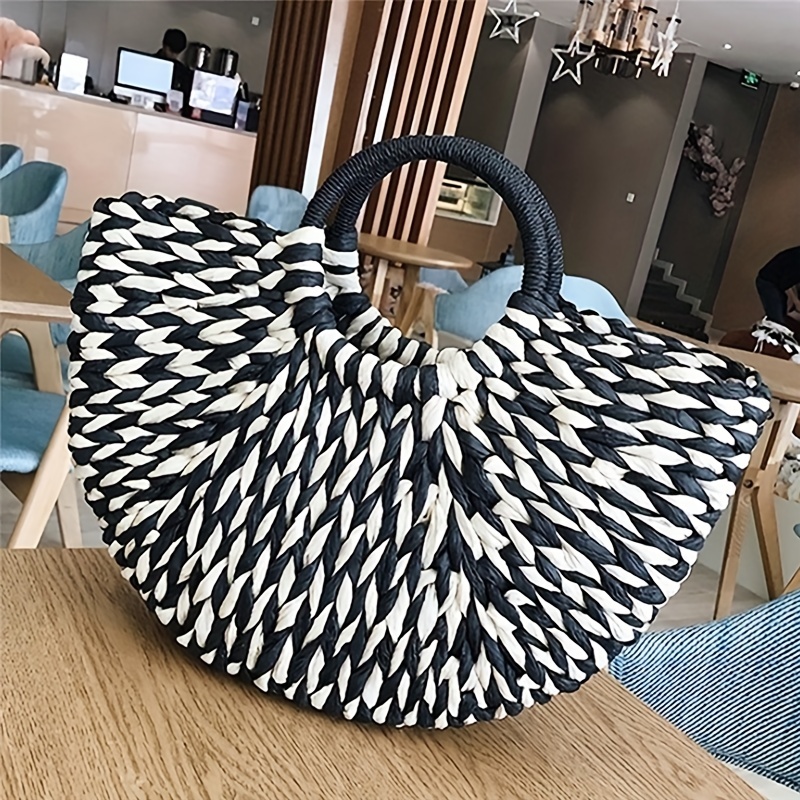 casual semicircle straw woven handbag handmade rattan woven basket details 4