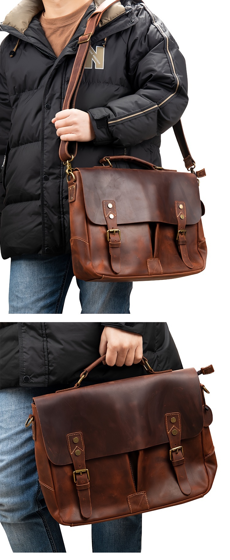 Vintage Flap Crossbody Bag, Men s Top Layer Cowhide Briefcase, Large Capacity Handbag For Travel Work details 0