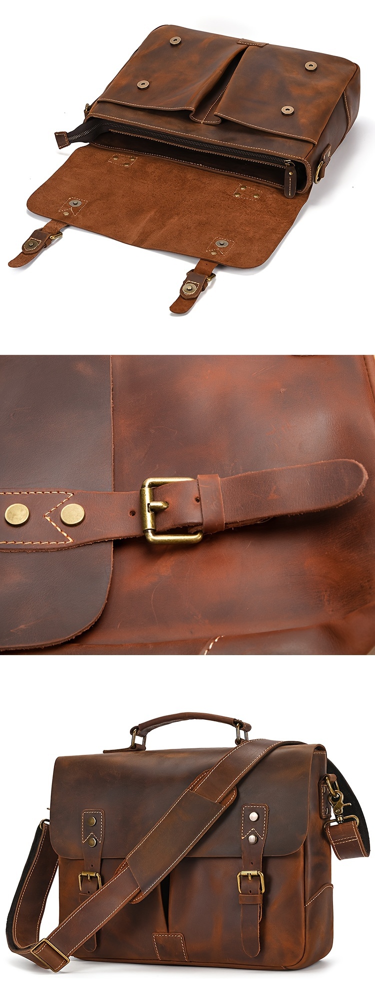 Vintage Flap Crossbody Bag, Men s Top Layer Cowhide Briefcase, Large Capacity Handbag For Travel Work details 2