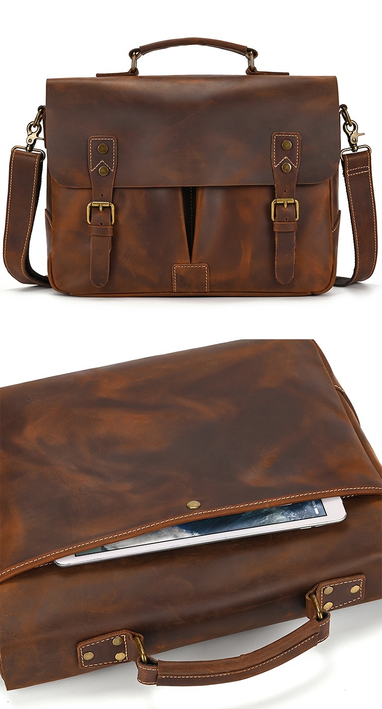 Vintage Flap Crossbody Bag, Men s Top Layer Cowhide Briefcase, Large Capacity Handbag For Travel Work details 3