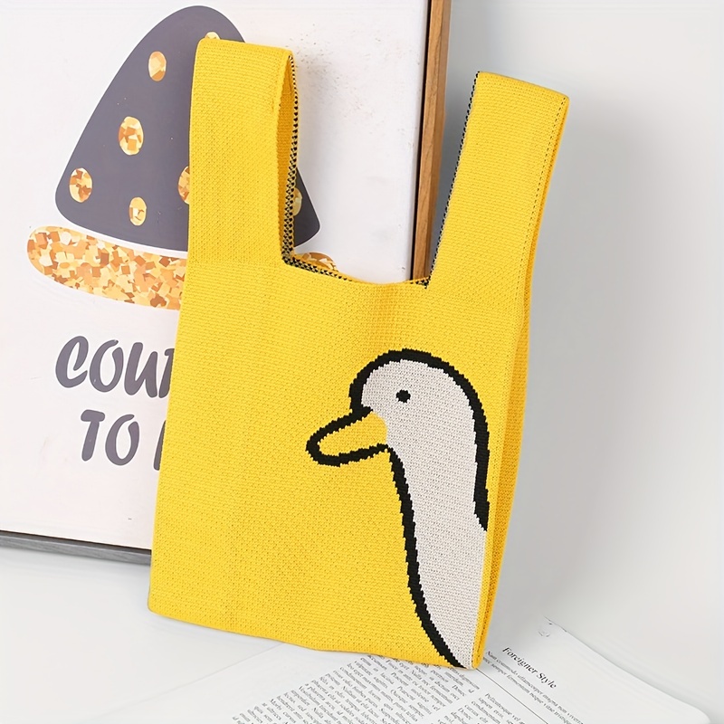 bag, cute duck yellow knit handbag woven tote shoulder bag shopping bag details 1