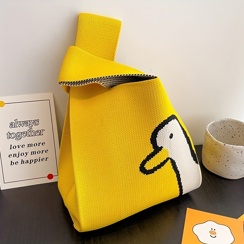 bag, cute duck yellow knit handbag woven tote shoulder bag shopping bag details 2