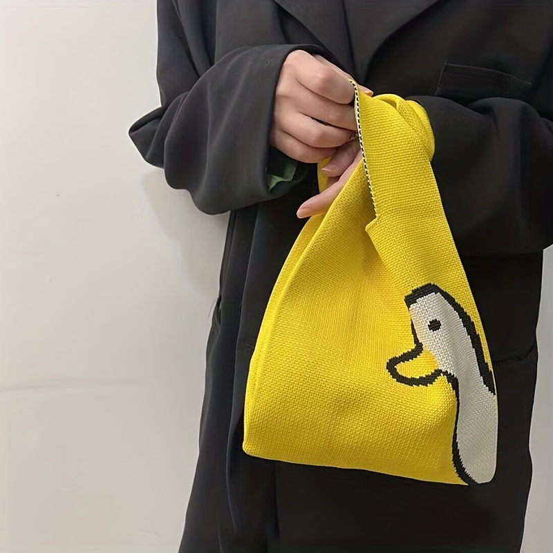 bag, cute duck yellow knit handbag woven tote shoulder bag shopping bag details 3