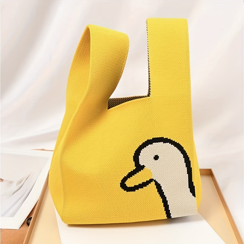 bag, cute duck yellow knit handbag woven tote shoulder bag shopping bag details 4