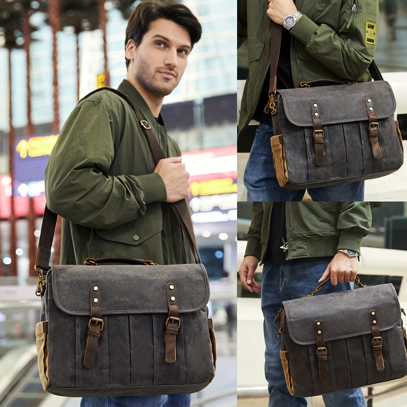 messenger vintage briefcase laptop bag sturdy crossbody shoulder bag buckle decor shoulder bag details 3