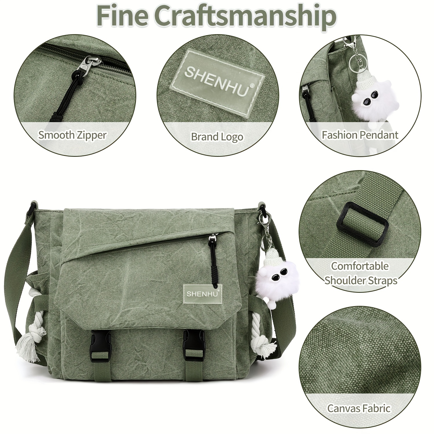 casual canvas messenger bag vintage solid color crossbody bag classic preppy school book shoulder bag details 3