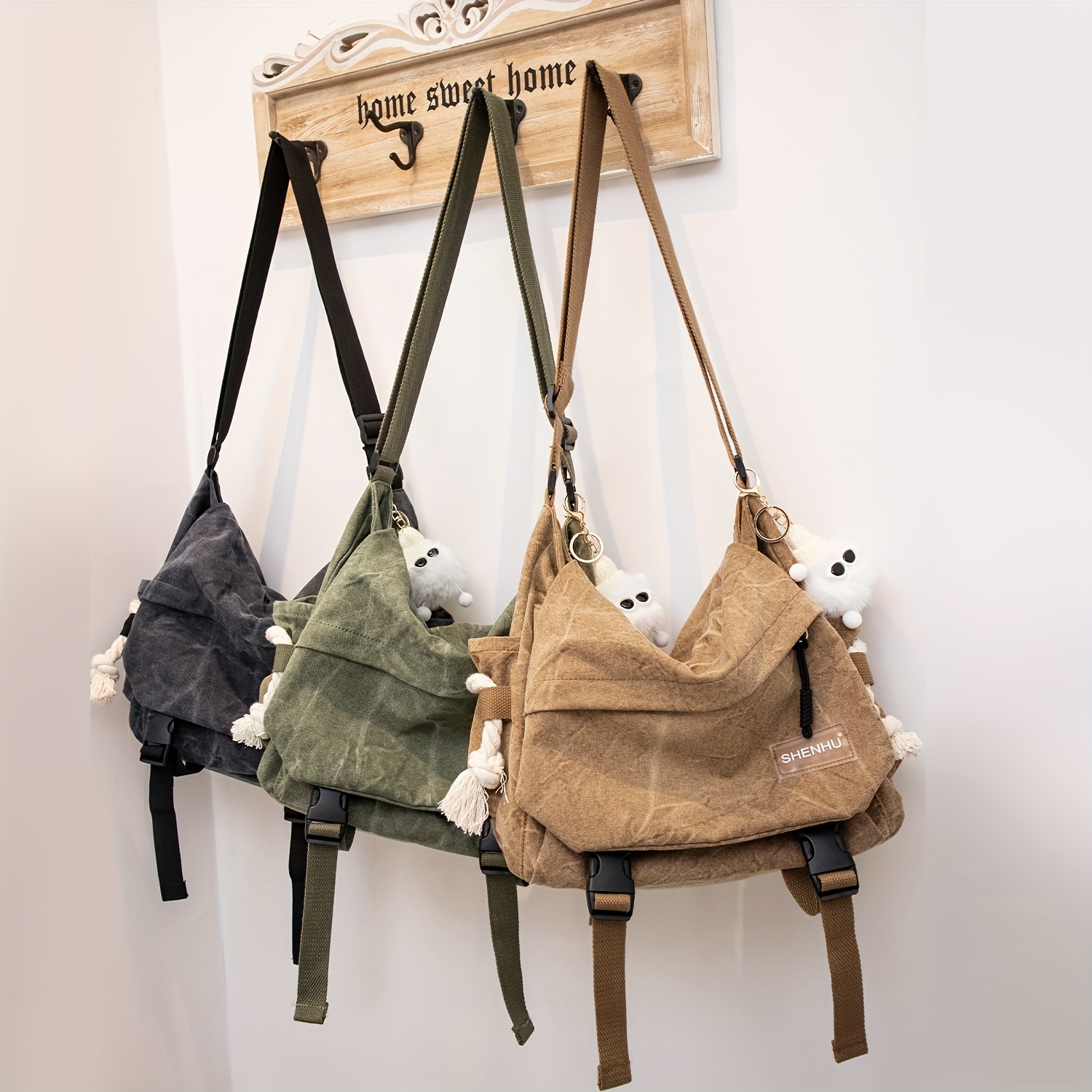 casual canvas messenger bag vintage solid color crossbody bag classic preppy school book shoulder bag details 5