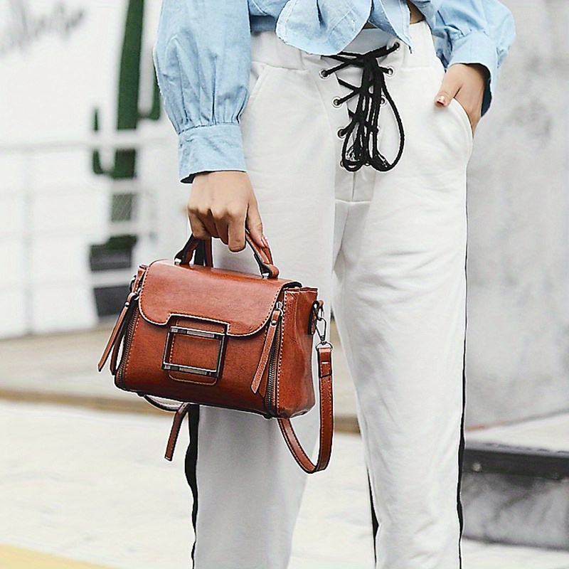 retro style crossbody bag, retro style crossbody bag small buckle decor handbag womens top handle square purse details 2