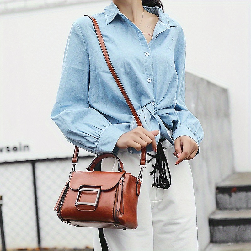 retro style crossbody bag, retro style crossbody bag small buckle decor handbag womens top handle square purse details 3