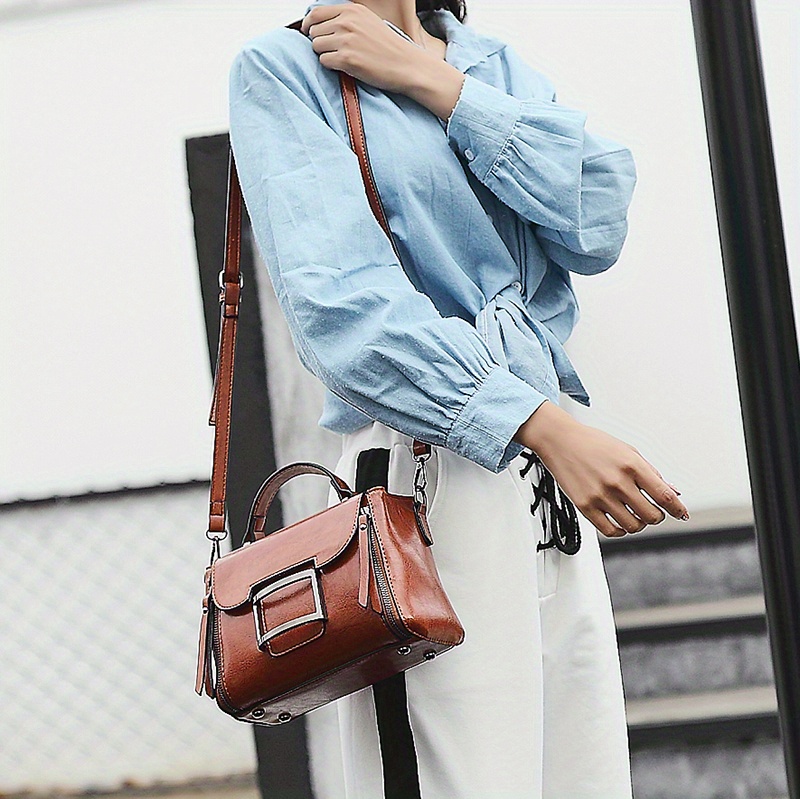 retro style crossbody bag, retro style crossbody bag small buckle decor handbag womens top handle square purse details 4