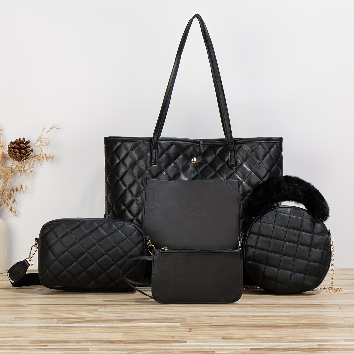 4pcs trendy argyle checked tote bag set all match large capacity shoulder bag crossbody bag round plush handle bag coin purse perfect women bag set for leisure travel and commuting details 0
