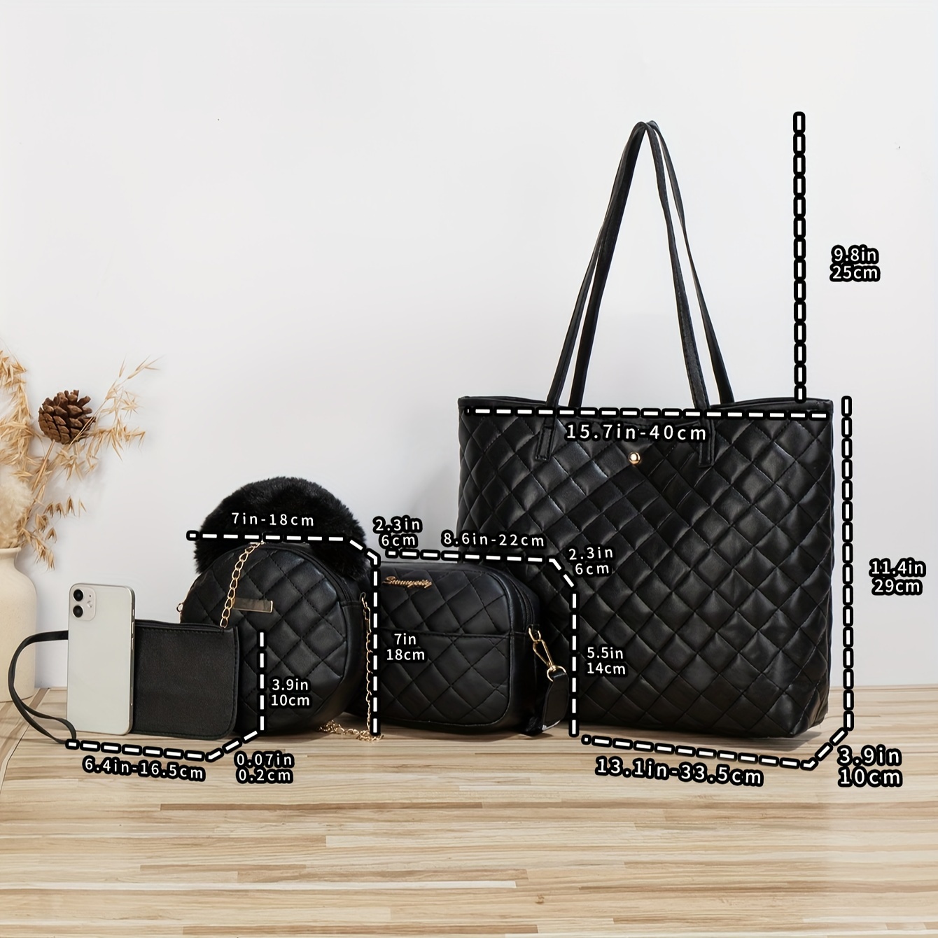 4pcs trendy argyle checked tote bag set all match large capacity shoulder bag crossbody bag round plush handle bag coin purse perfect women bag set for leisure travel and commuting details 2