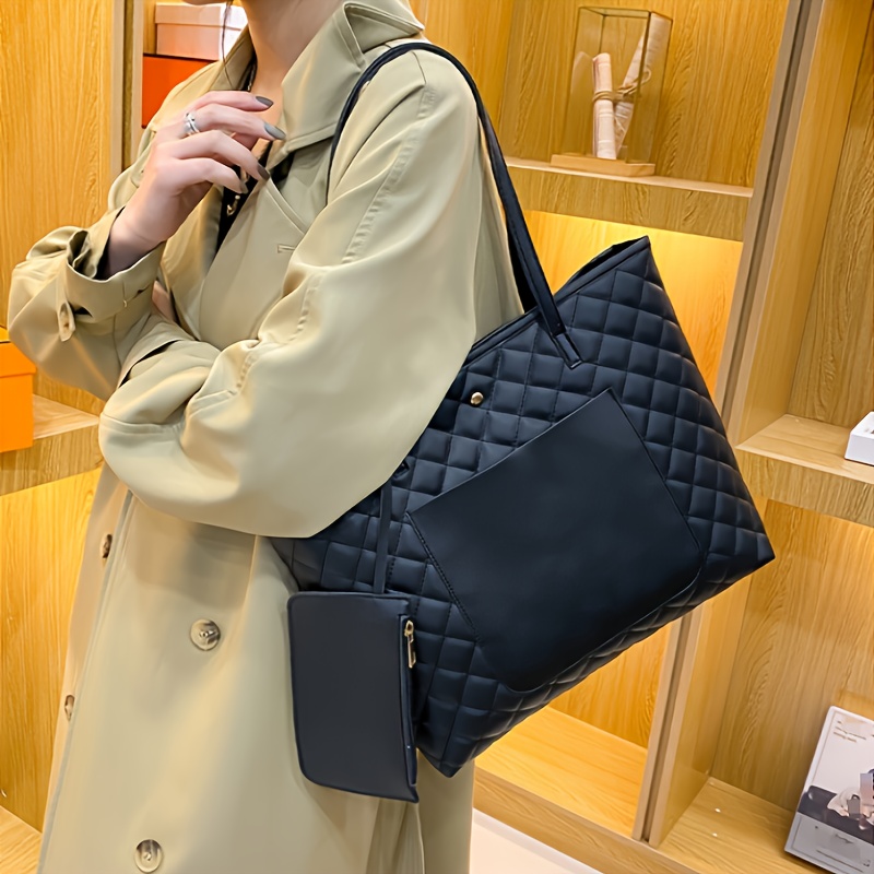 4pcs trendy argyle checked tote bag set all match large capacity shoulder bag crossbody bag round plush handle bag coin purse perfect women bag set for leisure travel and commuting details 4