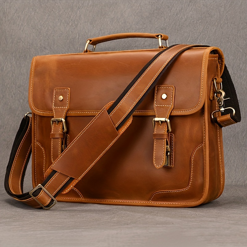 Men s Genuine Cowhide Leather Briefcase, Flap Laptop Bag, Crazy Horse Leather Shoulder Business Bag, Cowhide Messenger Bag details 0